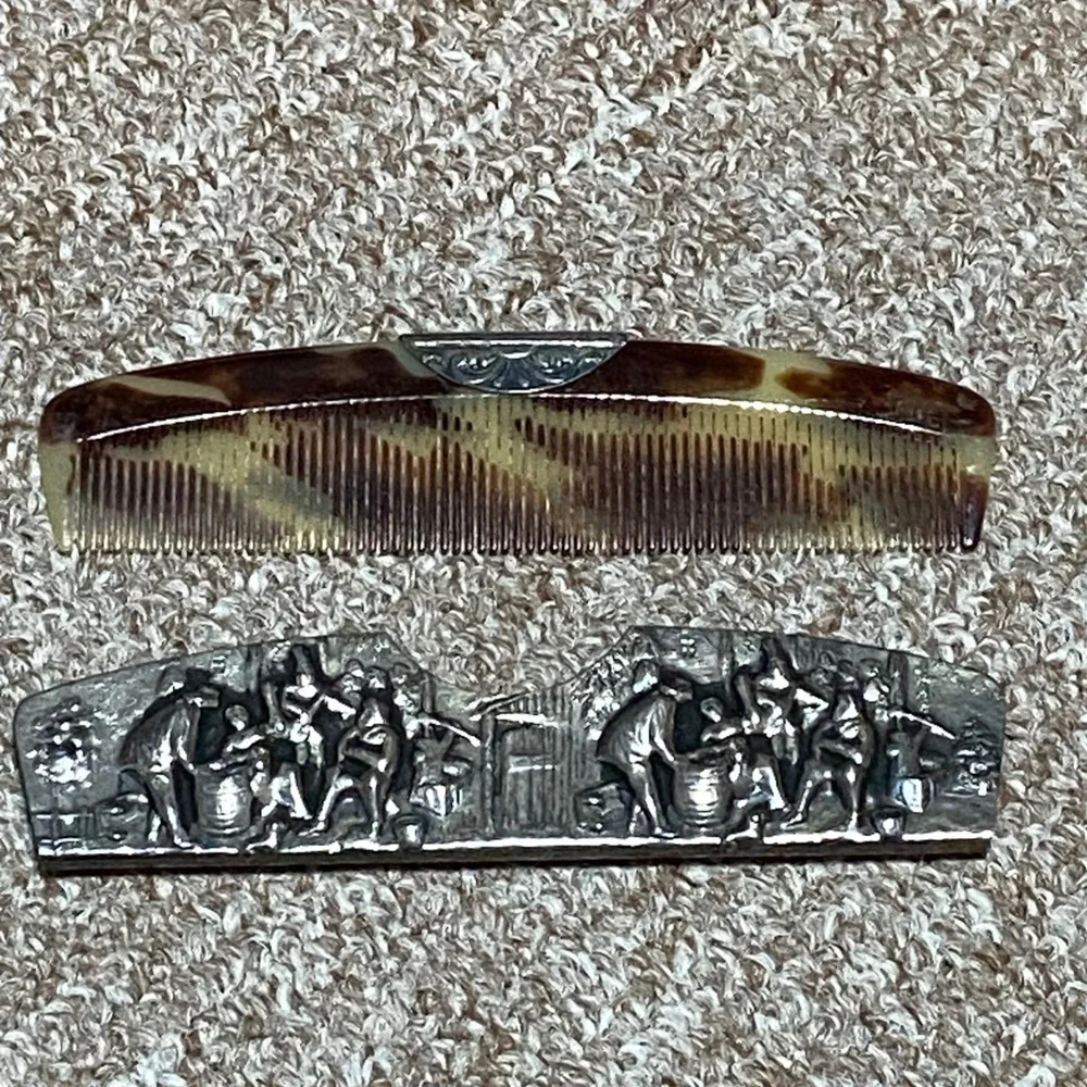 Vintage Hans Jensen Comb Set Denmark Repoussé Silver-Plated Case Tavern Scene